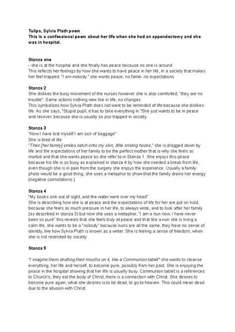 Tulips - Lecture notes 17 - Tulips, Sylvia Plath poem This is a ...