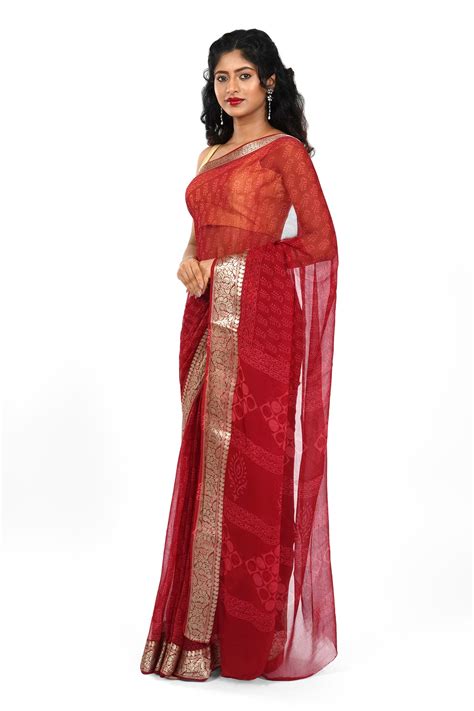 Majestic Red Block Print Chiffon Saree – Teejh