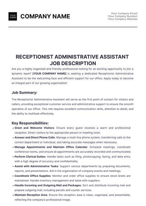 Free Receptionist Administrative Assistant Job Description Template to Edit Online