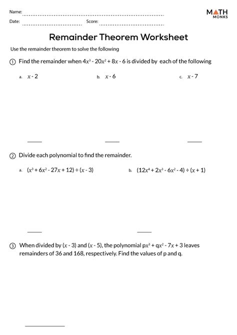 Image result for Remainder Theorem Worksheet