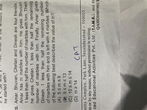 Amar, Bhuvan, Chetan and Dinesh are four friends. Amar has m marbles ...