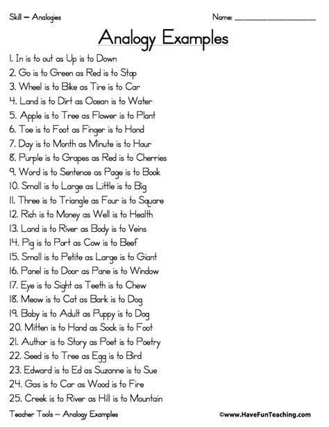 Worksheet: Examples of Analogies | LoveToTeach.org