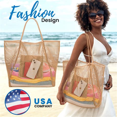 Large Beach Bag for Women, Mesh Tote Bag W/ Two Pockets Waterproof Pool ...