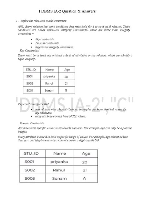 Vinu - FOR INTERNAL TEST - 1. Define the relational model constraint ...