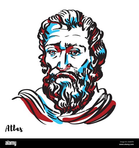 Atlas engraved vector portrait with ink contours on white background ...