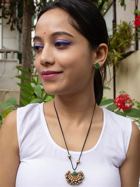 Half Moon Ghungroo Design Antique Gold Green Handmade Terracotta Neckl ...