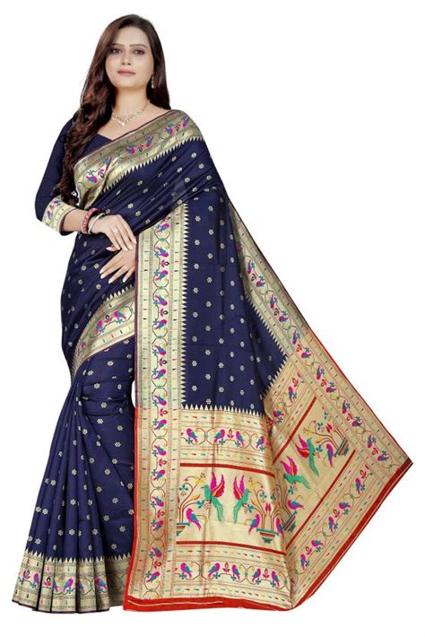 Buy Mahamantra Woven Paithani Art Silk, Cotton Silk Blue Sarees Online ...