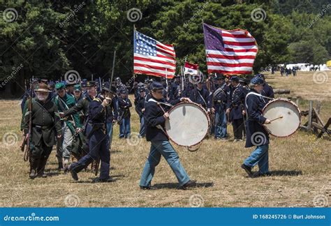 Duncan Mills, Calif - July 14, 2012: Men March in Union Army Uniforms ...