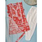 White Pink Hand Block Printed Cambric Cotton Gharara Suit with Net ...