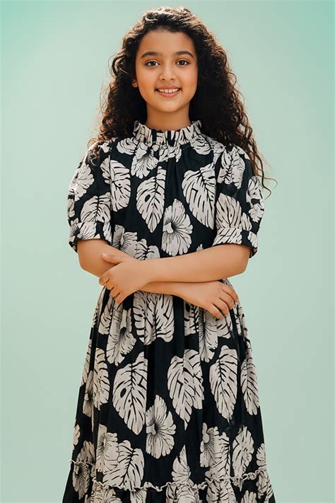Girls Bottle Green Rayon Printed Frock
