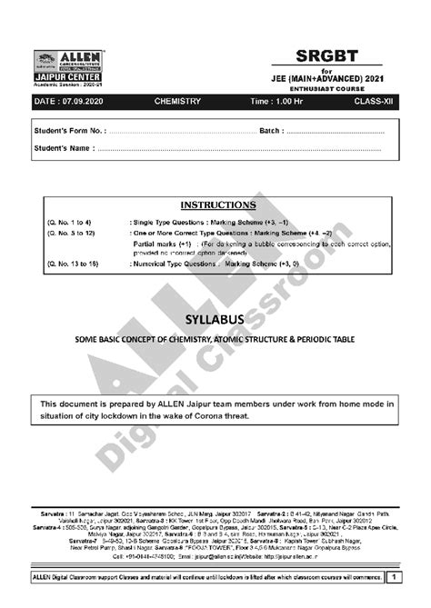 JEE 2021 Chemistry Enthusiast Course Exam Paper - Studocu