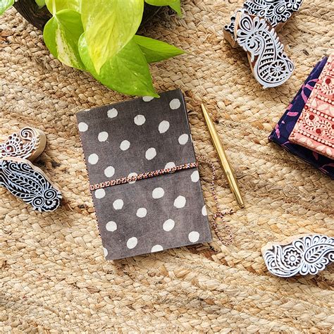 Handmade Upcycled Dabu Dark Grey With White Polka Bahi Dairy A6 – Sanskruti