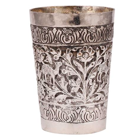 Silver Polished Brass Lassi Glass With Jungle Look And Camel Engraving