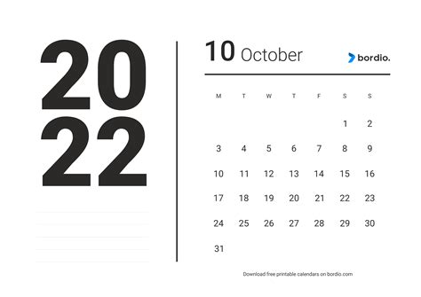 October 2022 Printable Calendar Templates for Free in PDF - Bordio