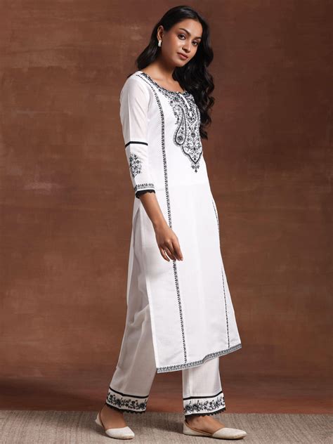 Buy White Embroidered Silk Blend Straight Suit With Dupatta Online at ...