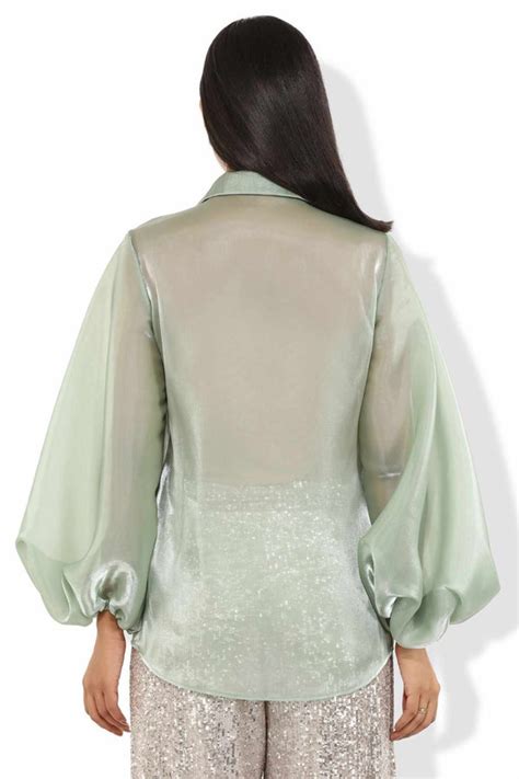 Lime Green Billowy Sleeved Glass Organza Shirt