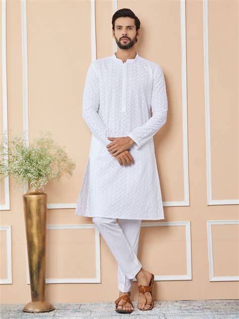 White Embroidered Chikankari Pure Cotton Straight Kurta with Pyjama ...