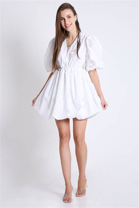 Cotton Balloon Dress with Elegant Schiffli Embroidery