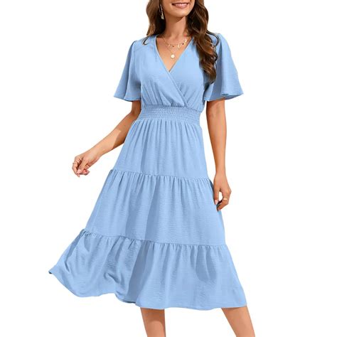 Women's Wrap V Neck Midi Dress Long Sleeve Smocked Waist Tiered A Line ...