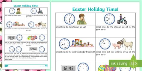 Spring-Themed Easter Holiday Time to the Nearest Minute Worksheet