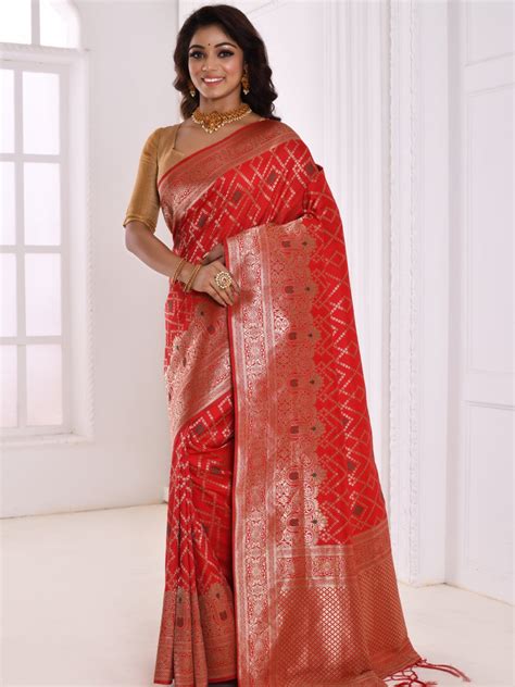 HKIL2919 Chhabra 555 Red & Gold Toned Geometric Zari Silk Blend ...