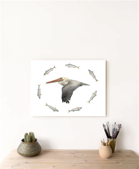 Brown Pelican Atlantic Spanish Mackeral Print. Hand Drawn Watercolor ...