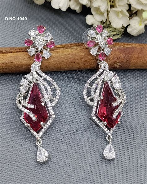 CZ Rodium American Diamond Earrings Sku-1040 - approx 2.5 inch C1 ...