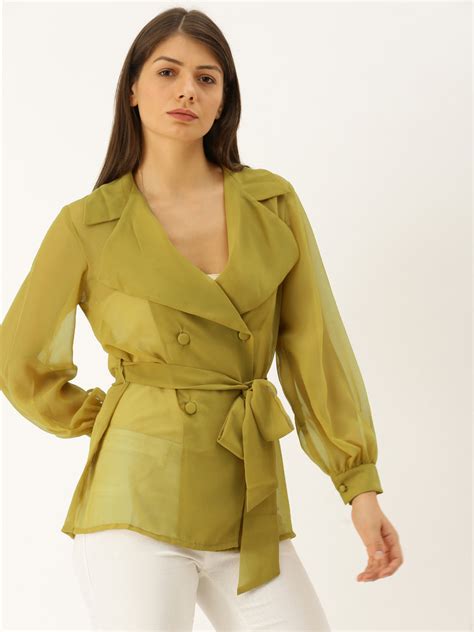 Buy Notch big collar overlap top in Olive Green for Women