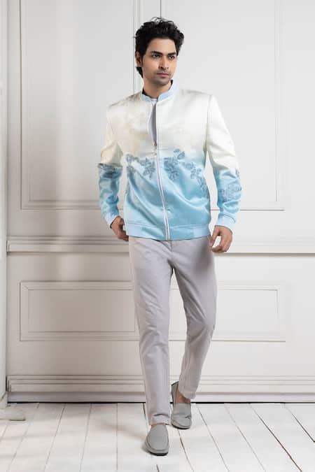 Buy Sky Blue Linen Satin Embroidery Dori Azure Bliss Bomber Jacket For ...