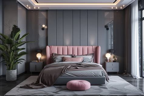 Contemporary Grey And Pink Master Bedroom Design With Grey Fluted Wall ...
