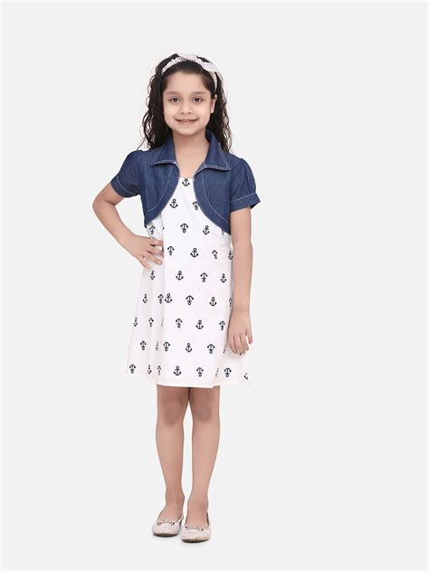 Girls White and Blue Anchor Printed Dress with attached Denim Shrug ...