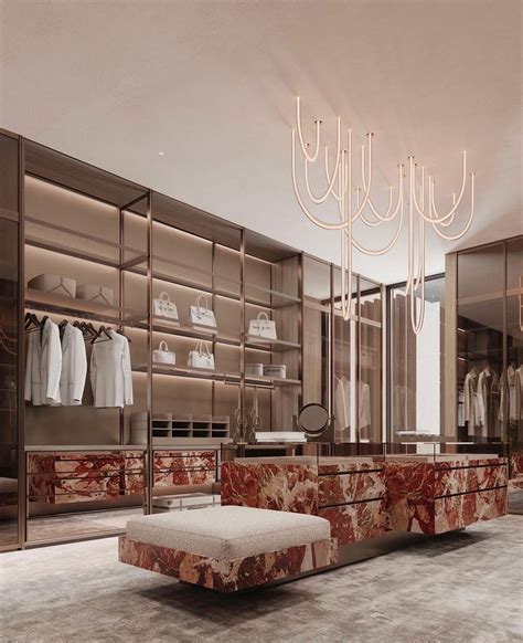 Luxurious Walk-In Closet with Marble Furniture and Chandelier