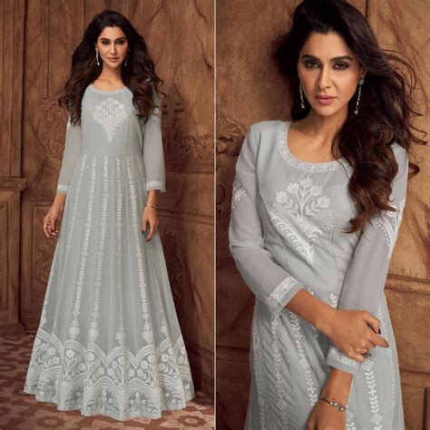 Grey Floral Embroidered Georgette Gown