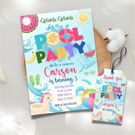 Pool party birthday invitation kids summer pool party invitation splish ...