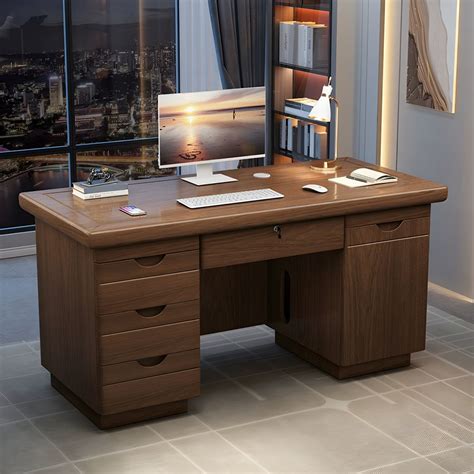 Brown Wood Office Desk with Locking Drawers and Storage Cabinet - Table ...