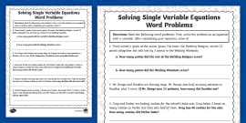 Sixth Grade Solving Single Variable Equations Activity