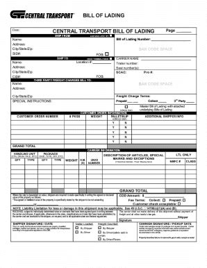 Fillable Online BILL OF LADING CENTRAL TRANSPORT BILL OF LADING Fax ...