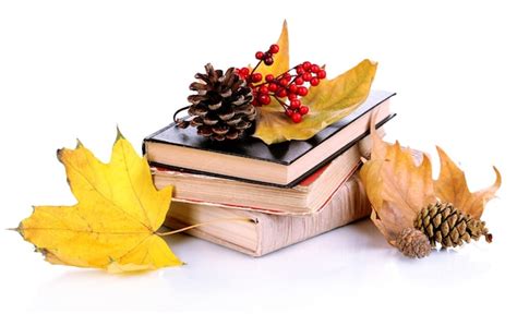 Books and autumn leaves isolated on white | Premium Photo