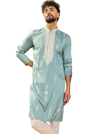 Buy Ethnic Bay Men's Blue Silk Blend Solid Embroidered Calf Length ...
