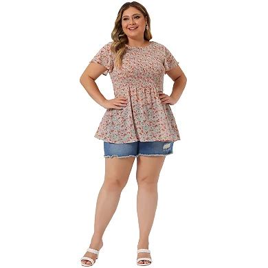 Women's Plus Chiffon Blouses Flare Sleeve Smock Round Neck Ditsy Floral ...