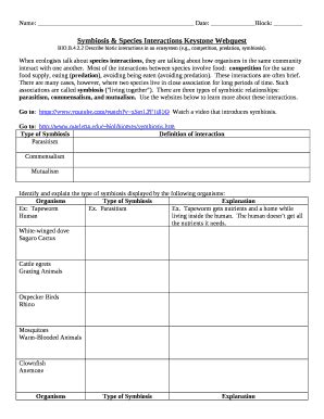 Symbiosis & Species Interactions Keystone Webquest - Blank Fillable ...