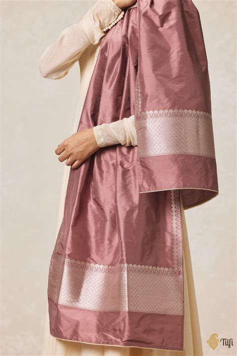 Old Rose Pink Pure Katan Silk Banarasi Handloom Stole - Tilfi