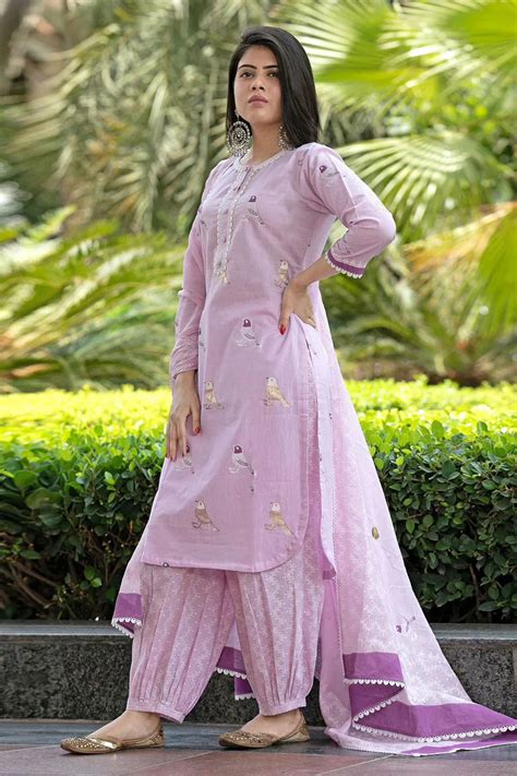 Bird Printed Cotton Kurta And Pant Set With Dupatta – Blba