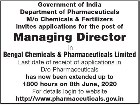 Bengal Chemicals and Pharmaceuticals Limited Recruitment 2020 Managing ...