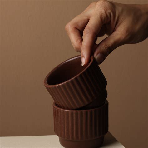 Cacao Handcrafted Ceramic Cup (Set of 2) – Ribbed Espresso Cups | stotodo