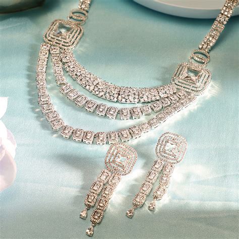 Geometric Elegance Layered Silver Plated AD Necklace and Drop Earrings ...