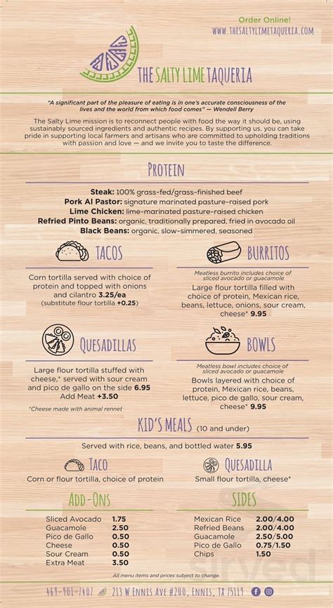 The Salty Lime Taqueria menu in Ennis, Texas, USA