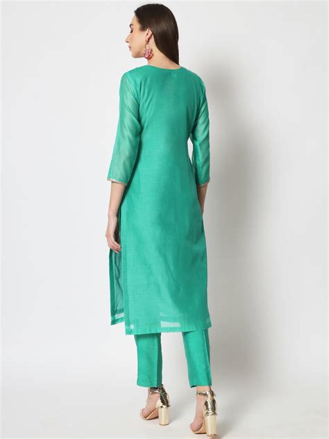 Cyan Green Embroidered Straight Kurti with Straight Pants – anokherang