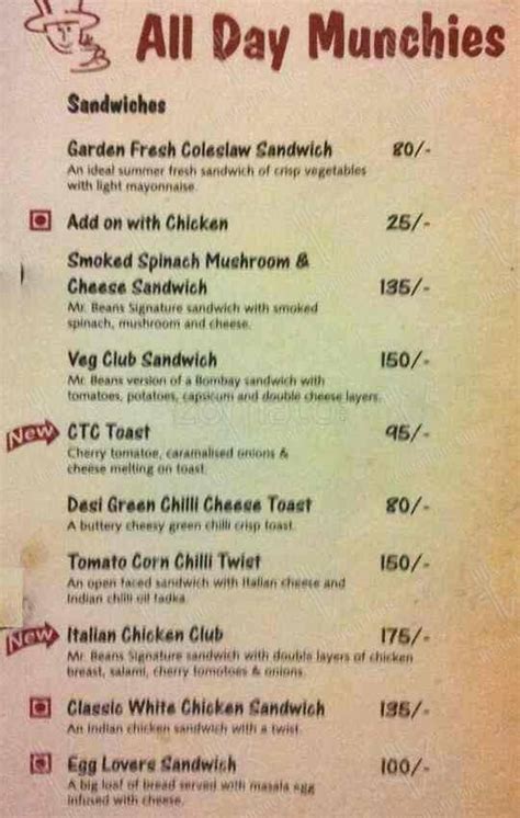 Menu at Beans, Indore, 10 M.G. Road