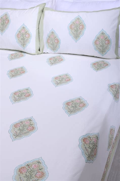 Buy Bagh E Nargis Olive Cotton Percale Bedsheet Online | Shahenaz India